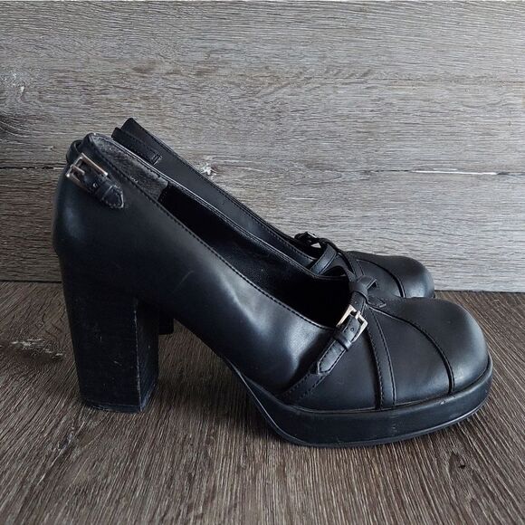 VINTAGE MUDD FAUX LEATHER BLACK PLATFORM CHUNKY HEEL SHOES WOMENS SZ 8.5M - Picture 1 of 9